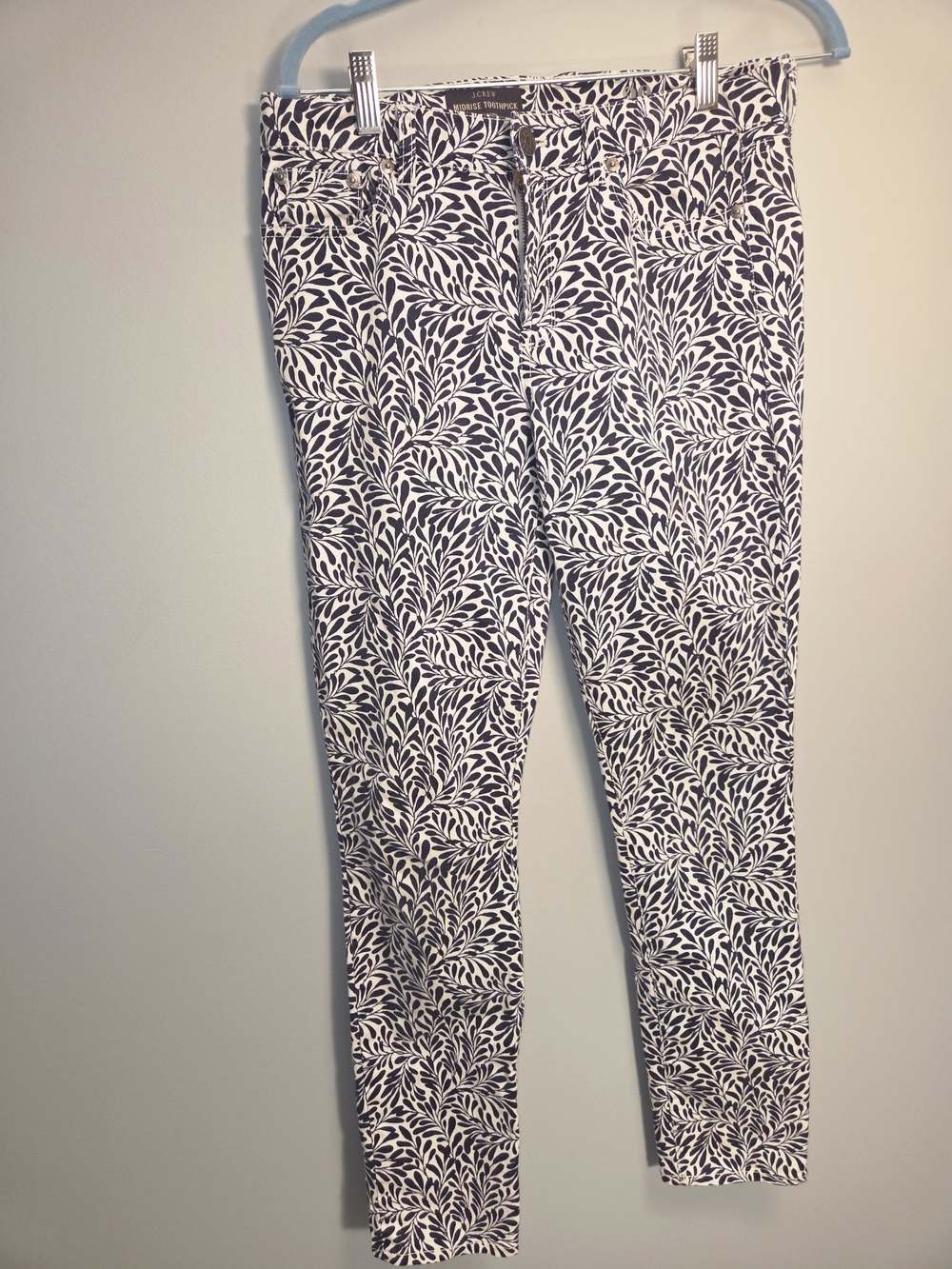J.Crew Midrise Toothpick Skinny Jeans Navy Blue White Ivy Fern Leaf Print.
